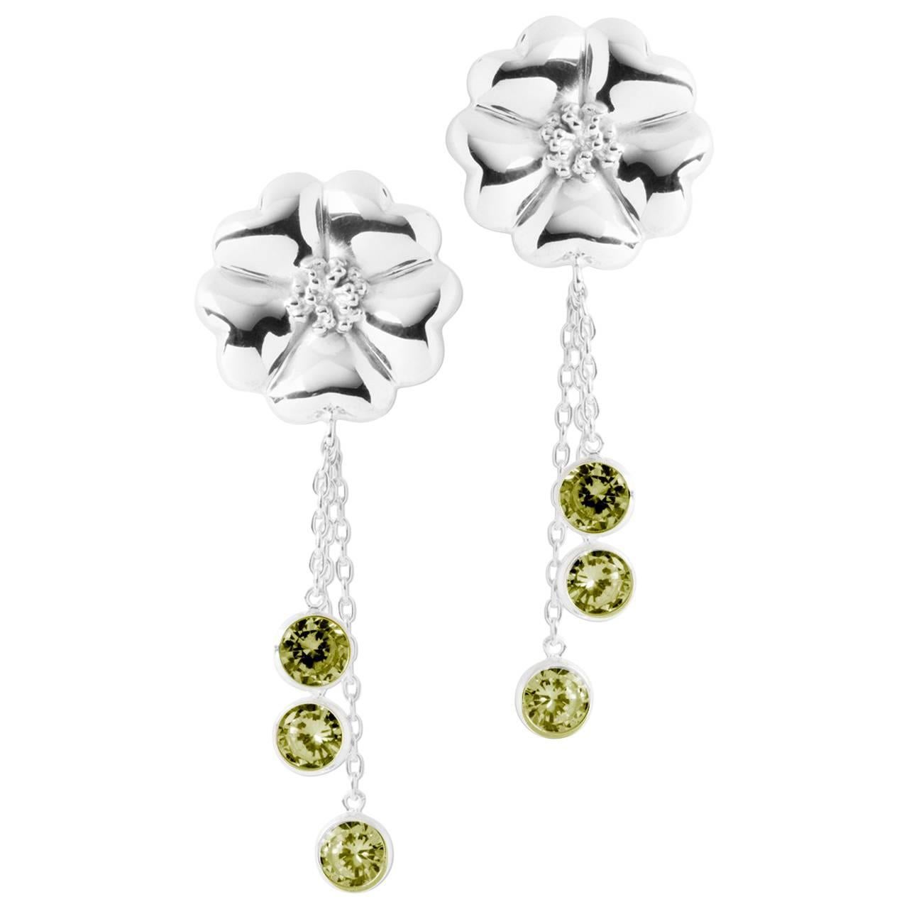 Olive Peridot Blossom Graduated Stone Drop Earrings For Sale