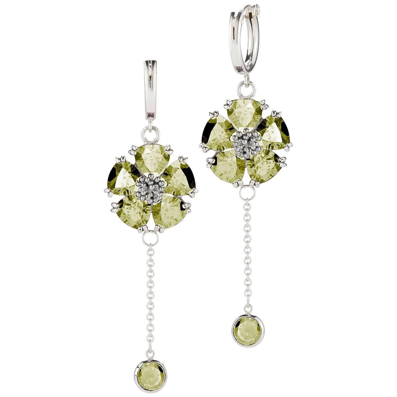 Olive Peridot Blossom Stone Small Hoop Chain Earrings For Sale