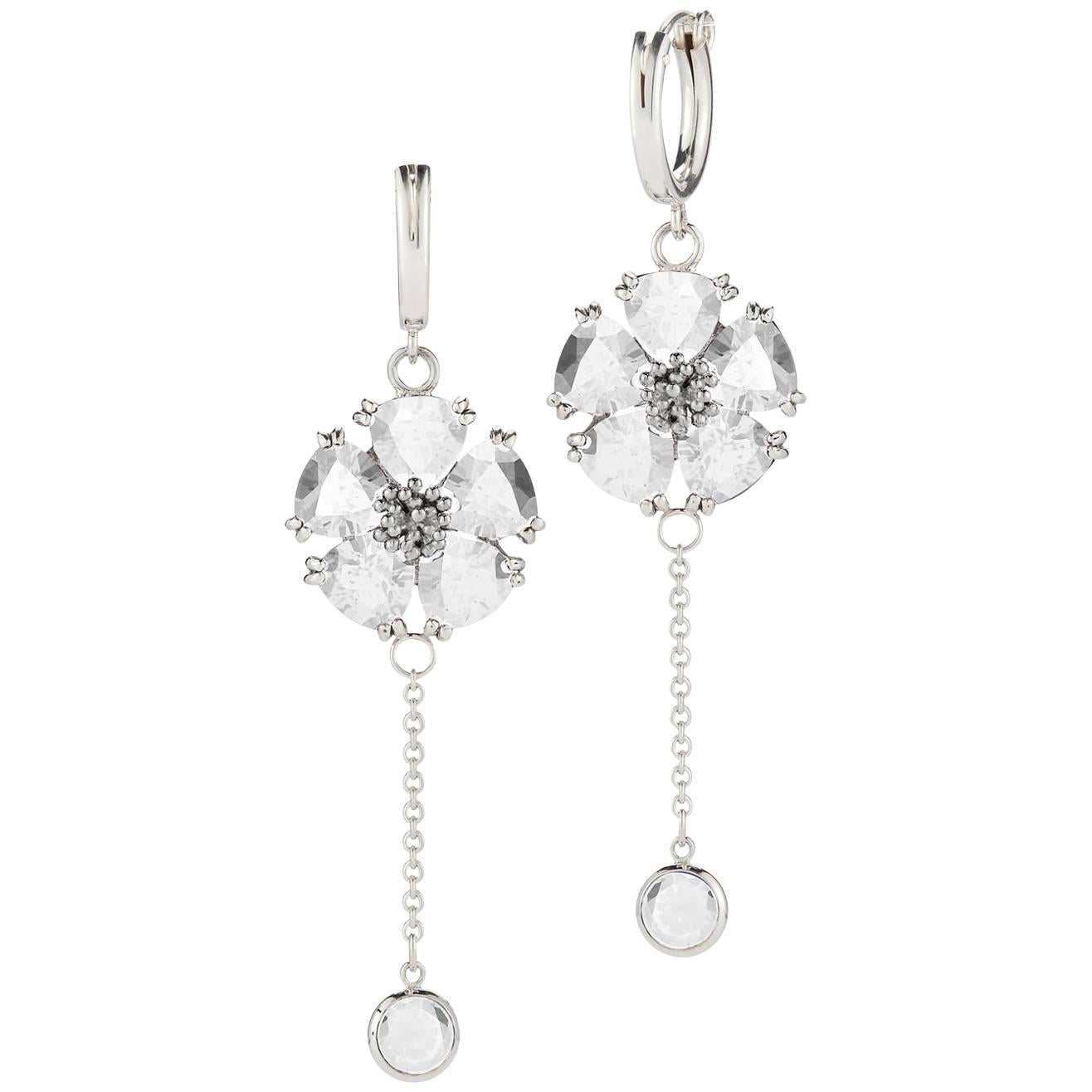 White Topaz Blossom Stone Small Hoop Chain Earrings For Sale