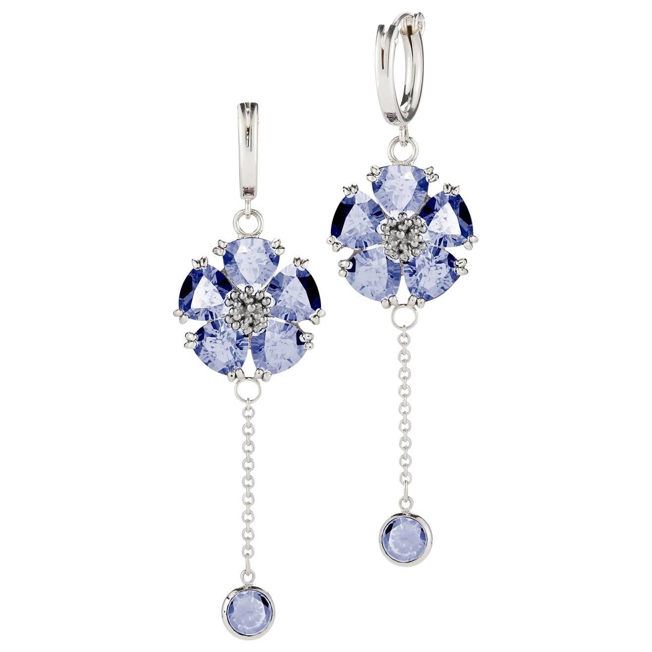 Dark Blue Topaz Blossom Stone Small Hoop Chain Earrings For Sale