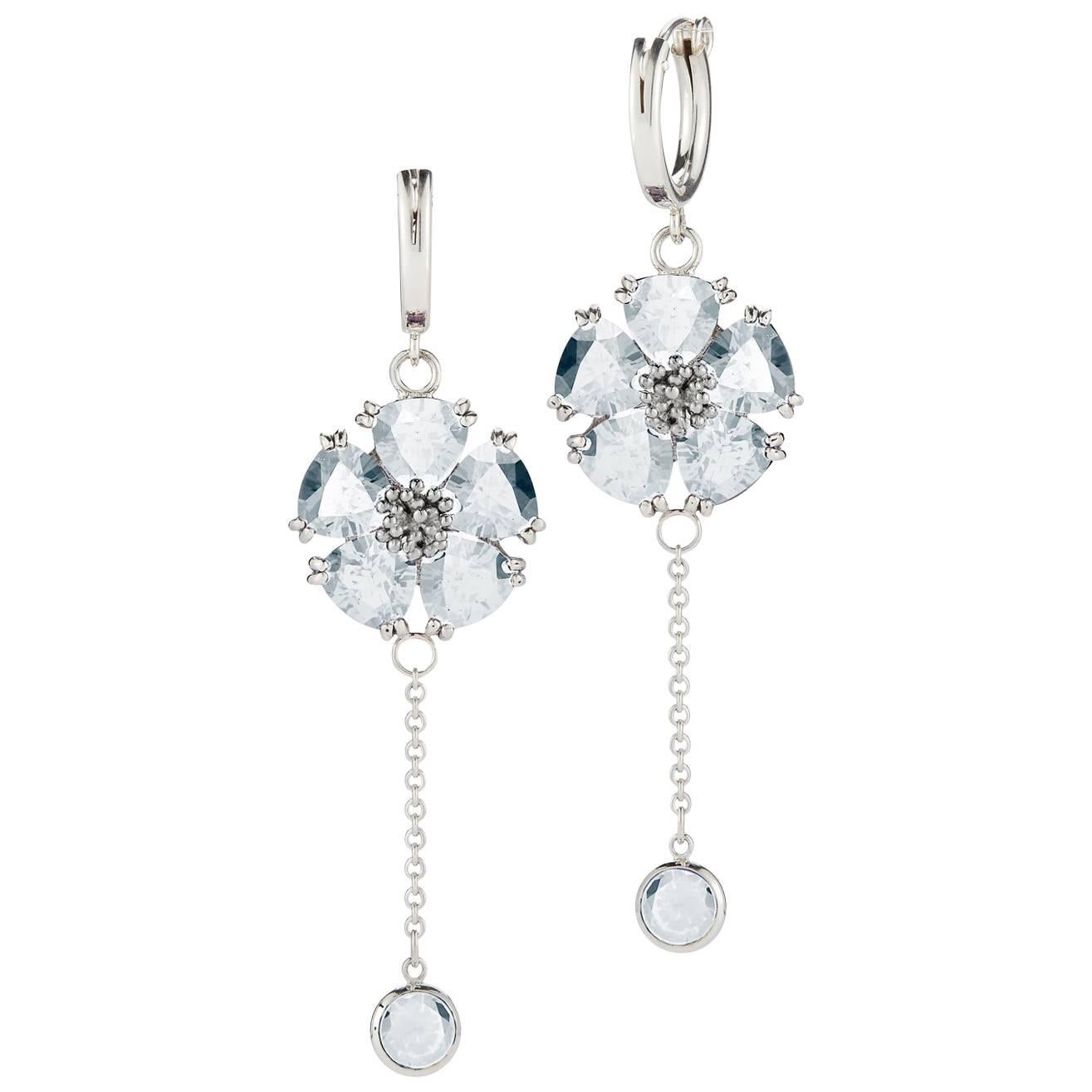 Light Blue Topaz Blossom Stone Small Hoop Chain Earrings For Sale