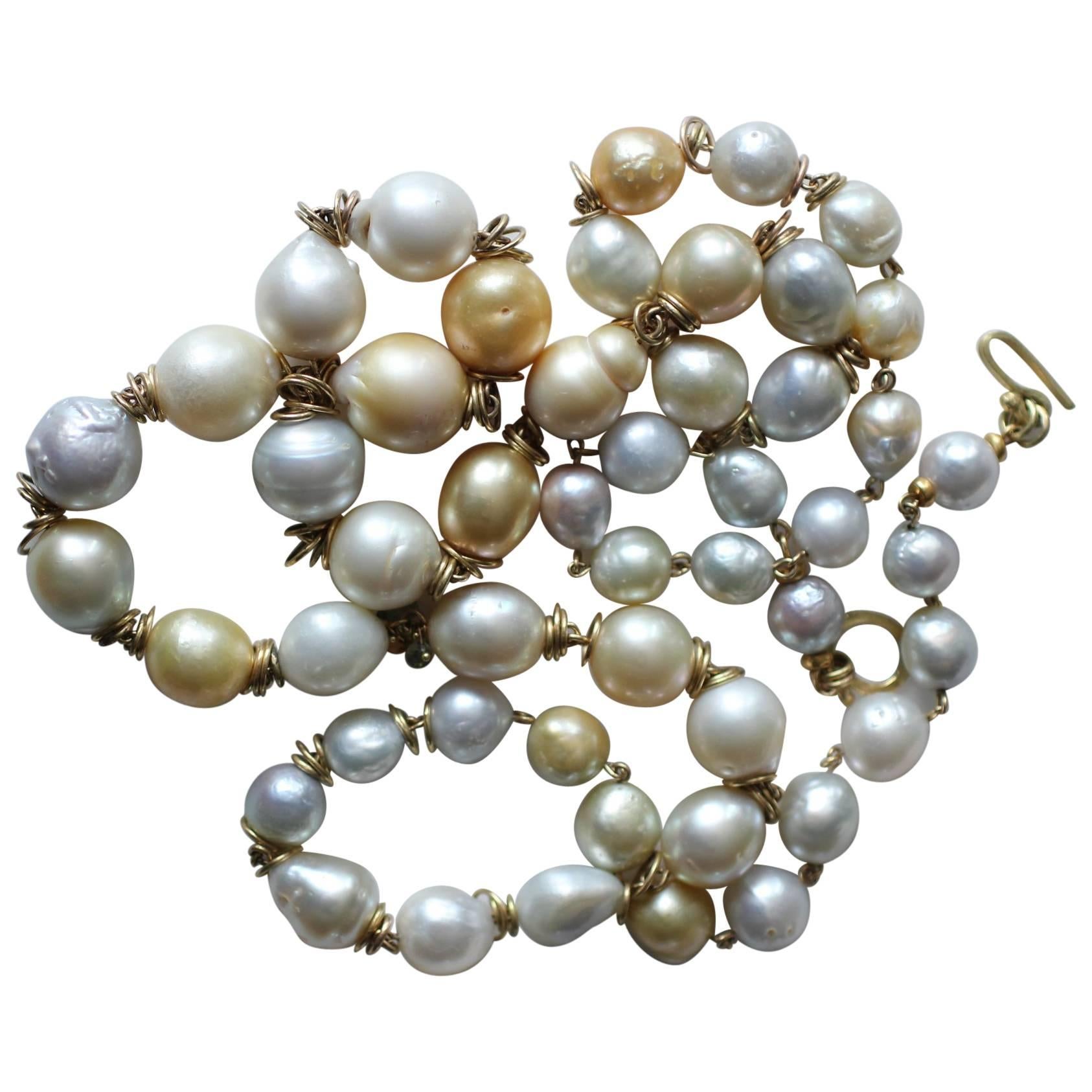 South Sea Pearls 18K Gold Beaded Link Necklace, White and Golden Baroque Pearls