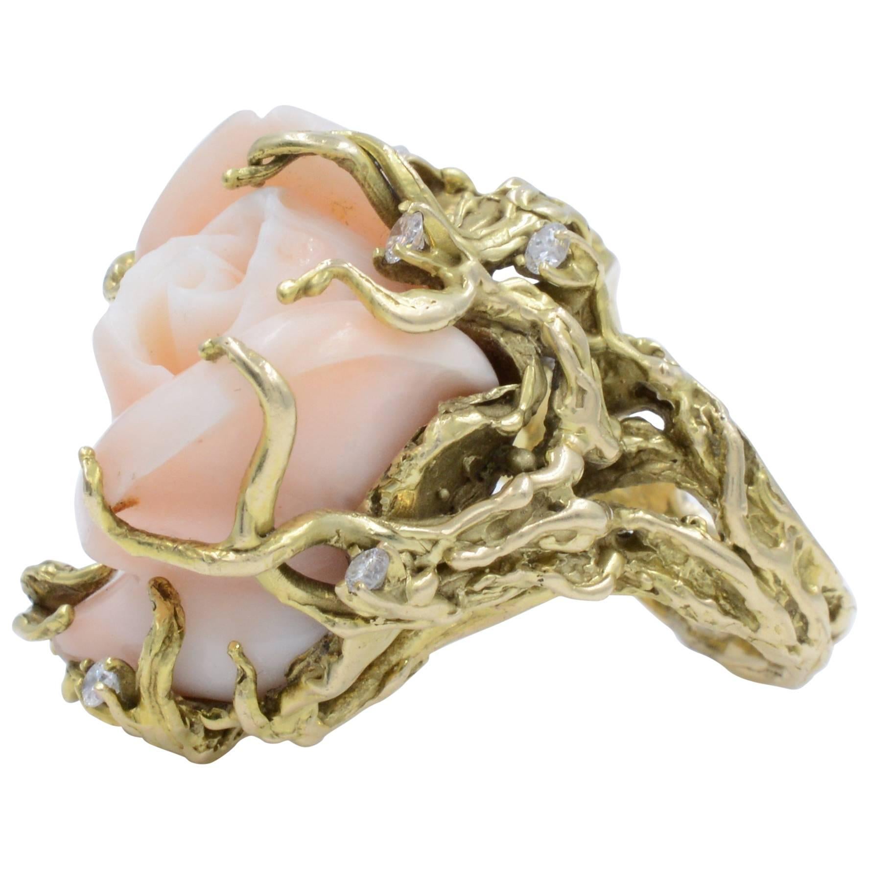 Coral Diamond Flower Yellow Gold Ring