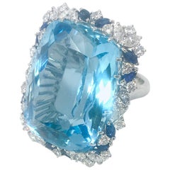 59 Carat Aquamarine Cushion Cut with Diamonds and Sapphires Cocktail Ring