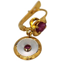 Edwardian Mother-of-Pearl Drop Earrings Ruby Center Ruby Top 18 Karat Gold