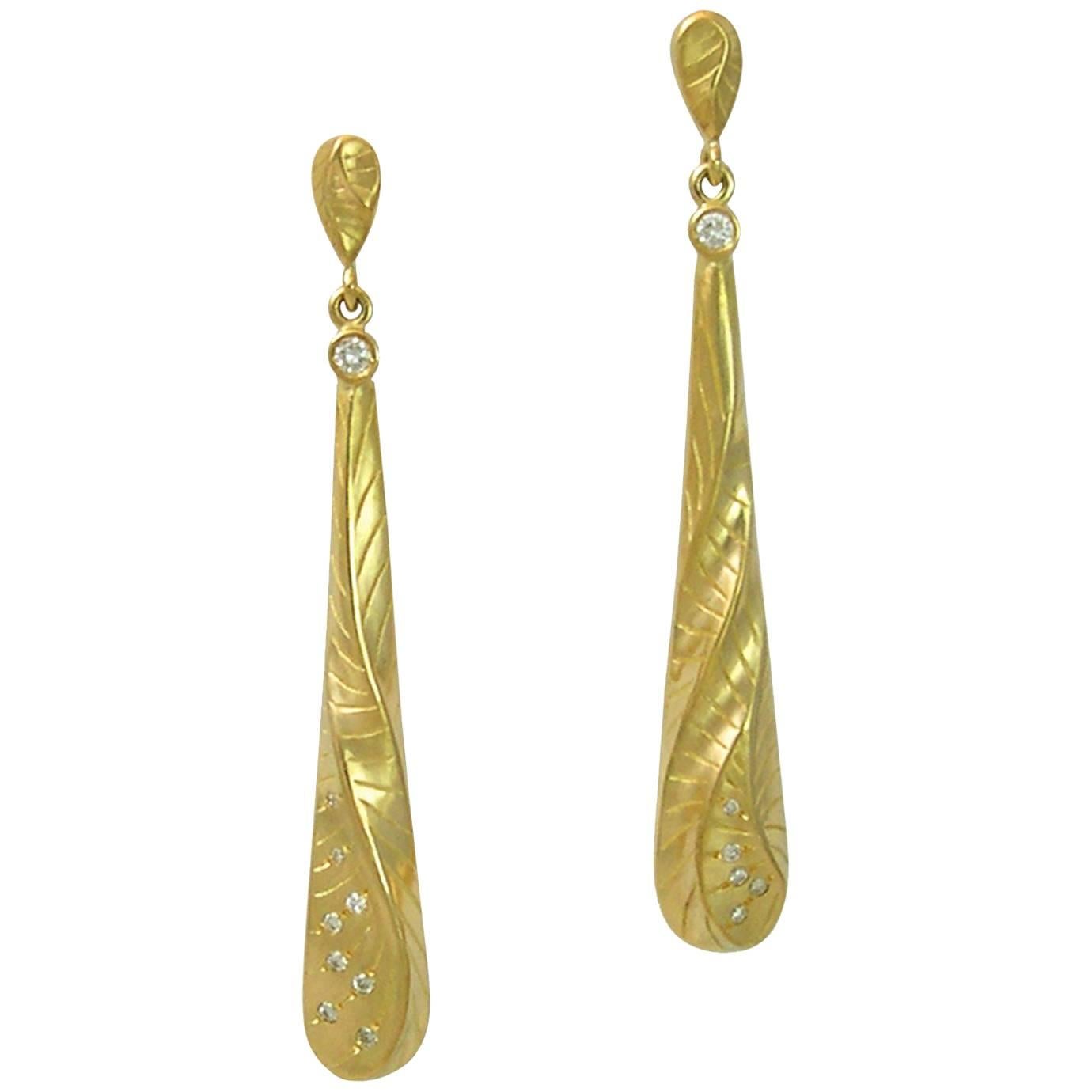 Long Tear Drop Dangle Earrings in 18 Karat Yellow Gold with 0.25 Carat Diamonds For Sale