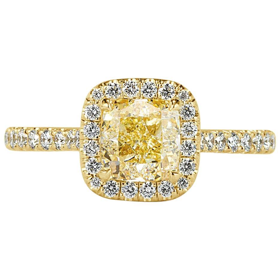 Mark Broumand 1.61 Carat Fancy Light Yellow Cushion Cut Diamond Engagement Ring
