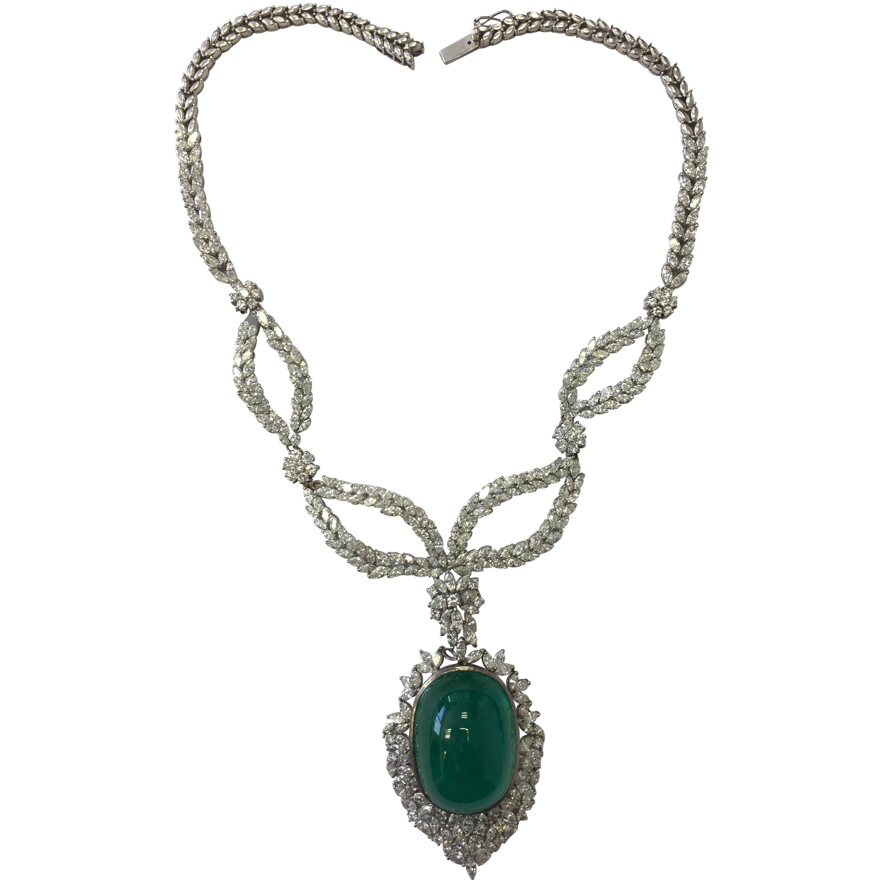 Oval Emerald Cabochon and Diamond Necklace Once Owned By A Princess