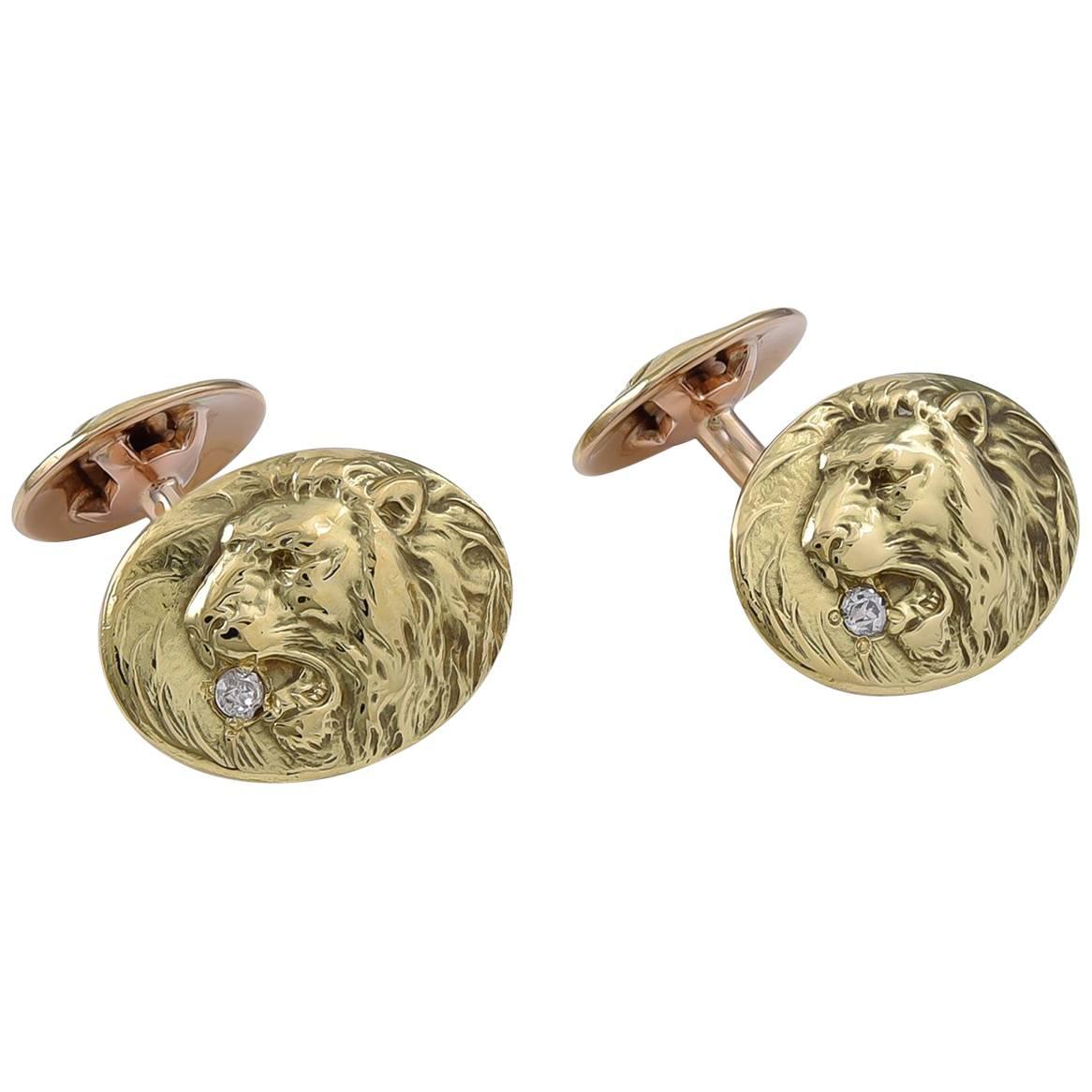 Antique Lion and Lioness Gold and Diamond Cufflinks