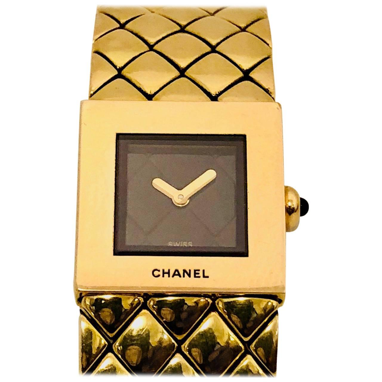 Chanel Yellow Gold Matelasse Quilted Bracelet Quartz Wristwatch For Sale
