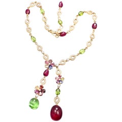 Vintage Bulgari Multicolor Sapphire Flower Diamond Rubellite Peridot Gold Necklace