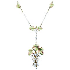 Exquisite Art Nouveau Natural Pearl Enamel and Diamond Necklace