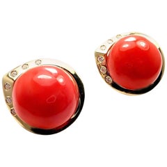 Estate Large Red Oxblood Coral Diamond Yellow Gold Earrings