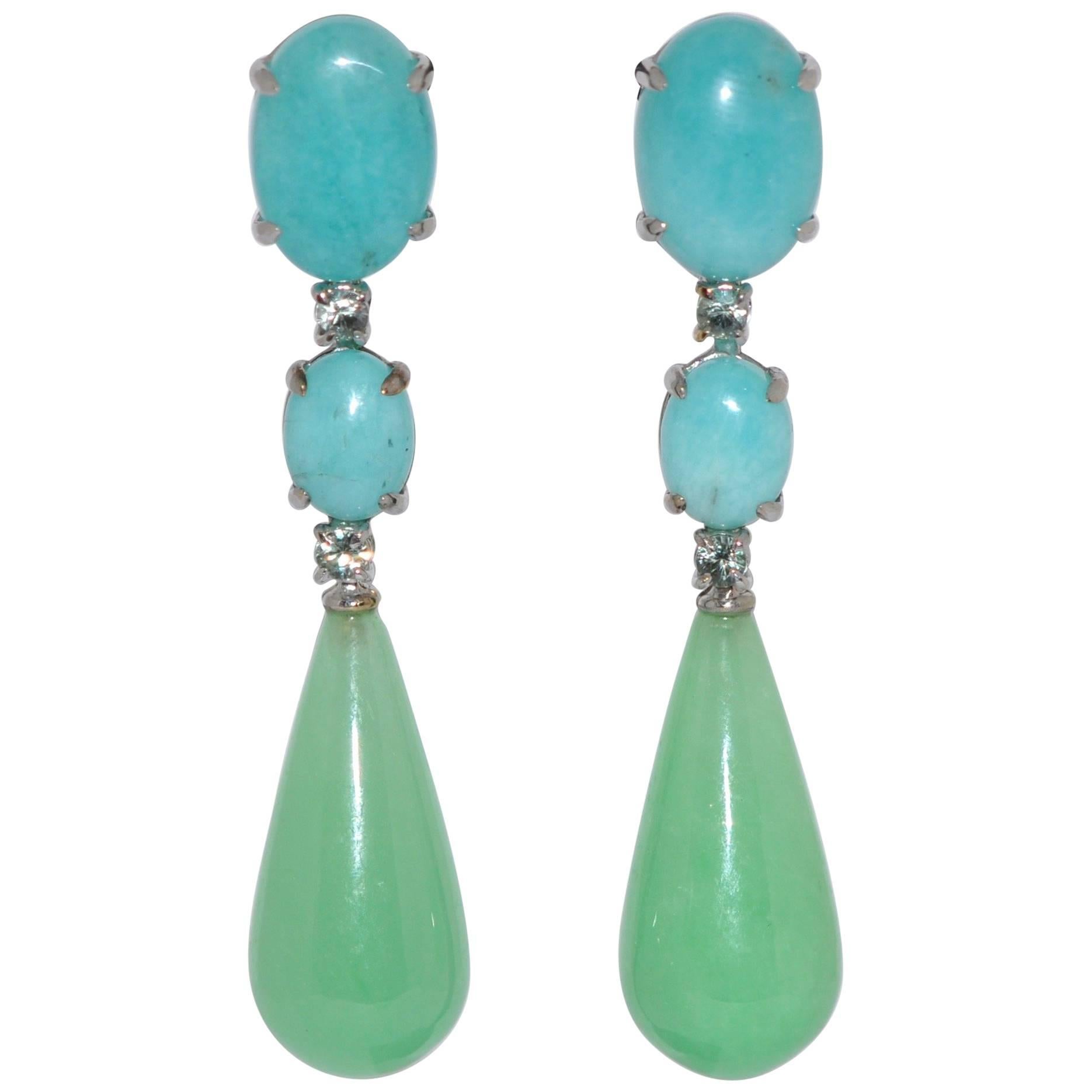 Jades, Amazonites and Sapphires White Gold Chandelier Earrings