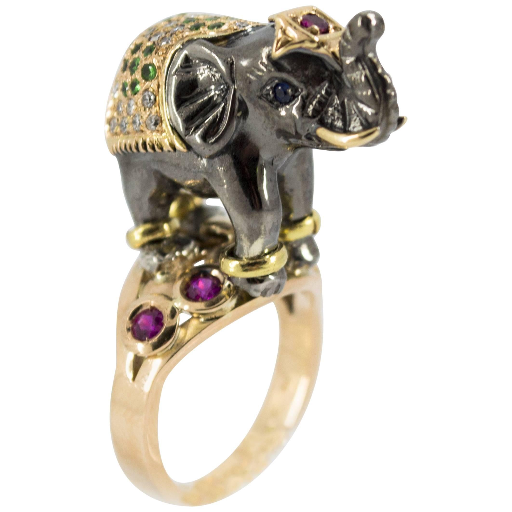 Ruby Tsavorite Diamond Yellow Gold Elephant Cocktail Ring