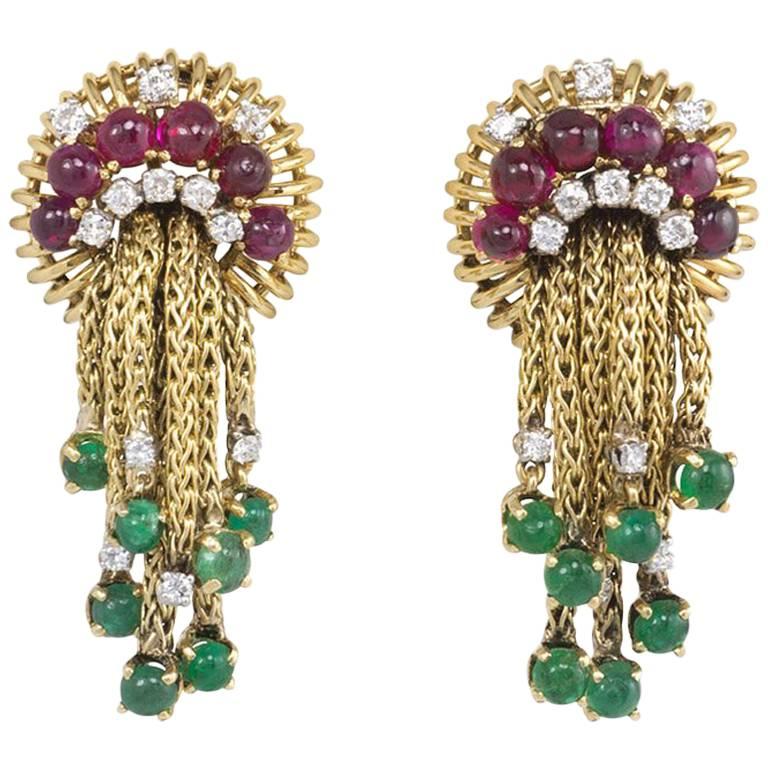 1950s Gold and MultiGemstone Earrings with Foxtail Chain Tassels For Sale at 1stDibs