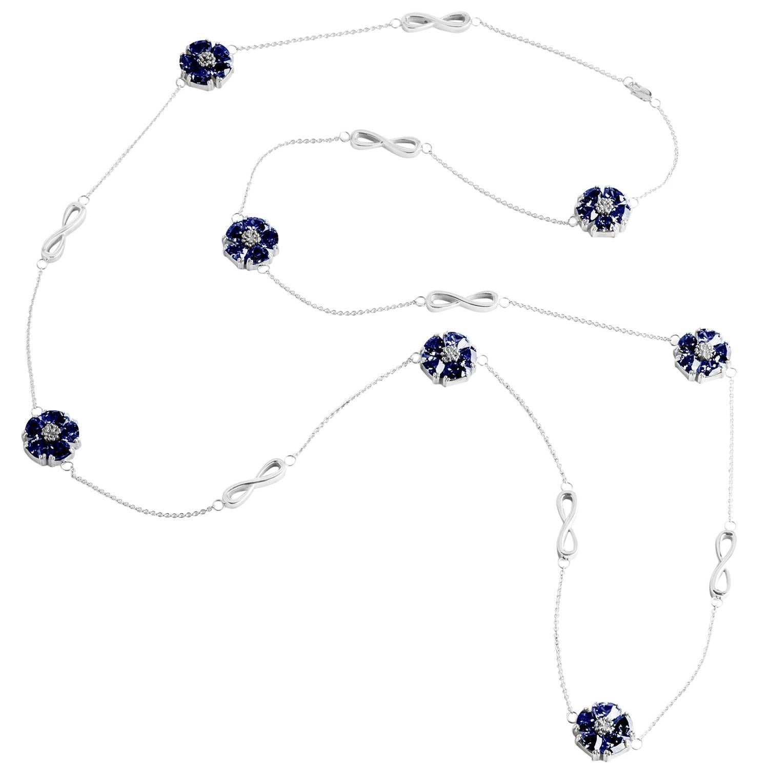 Dark Blue Sapphire Blossom Stone and Infinity Lariat Necklace For Sale