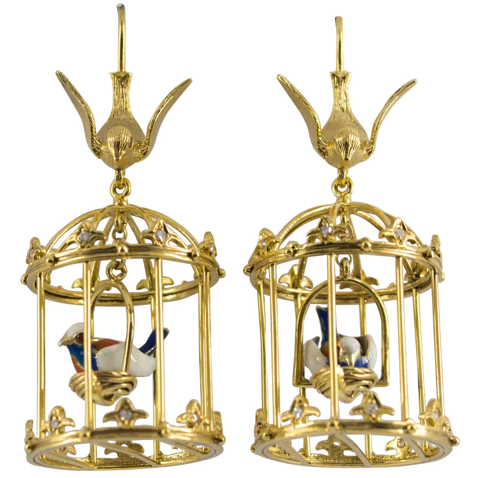 0.35 Carat Diamond Enamel Yellow Gold Stud "Bird Cage" Earrings