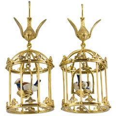 0.35 Carat Diamond Enamel Yellow Gold Stud "Bird Cage" Earrings