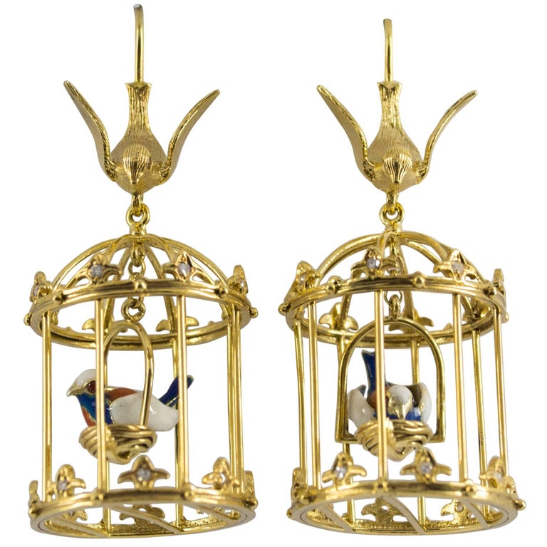 0.35 Carat Diamond Enamel Yellow Gold Stud "Bird Cage" Earrings at 1stDibs