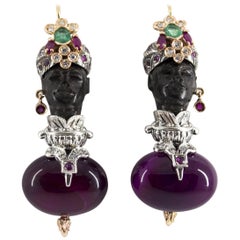 1.90 Carat Emerald Ruby Diamond Agate Ebony Yellow Gold Moor of Venice Earrings