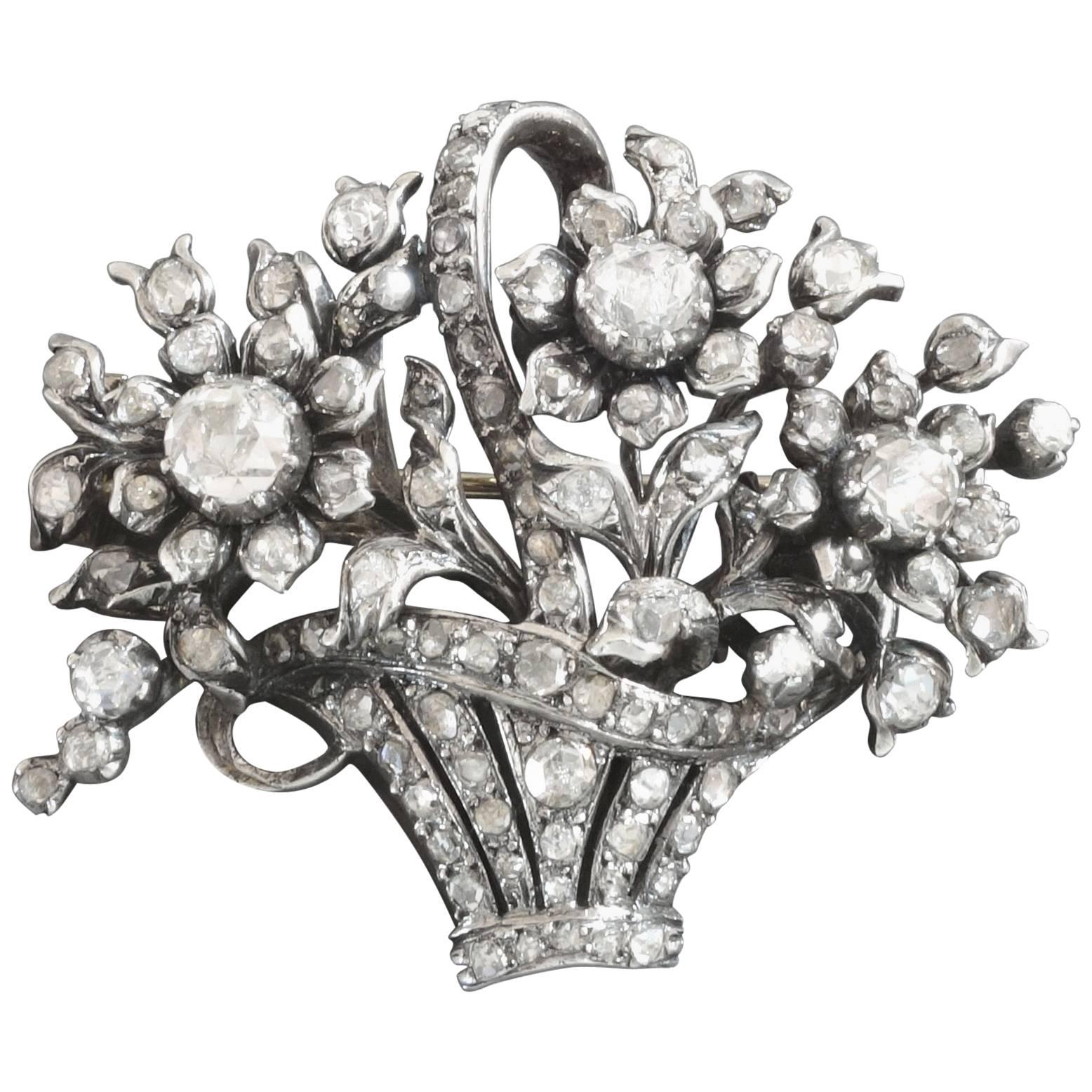 Johan Rozendaal Dutch Rose Diamond Gold Silver Giadinetto Flower Basket Brooch For Sale
