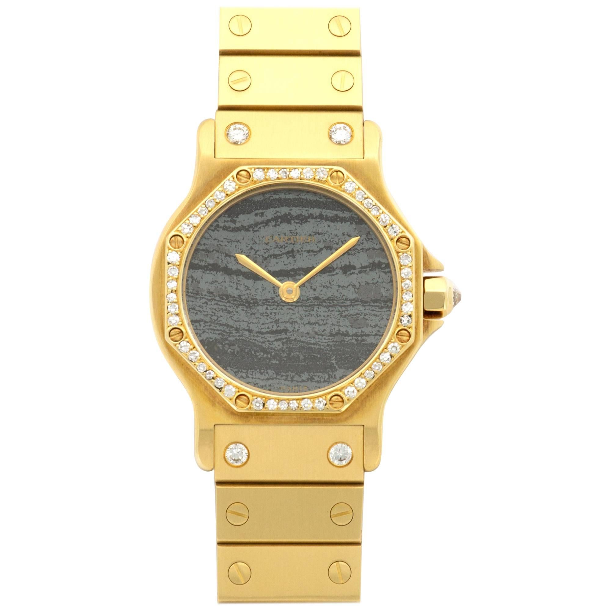 Cartier Yellow Gold Diamond Stone Dial Santos Automatic Wristwatch, circa 1980s For Sale
