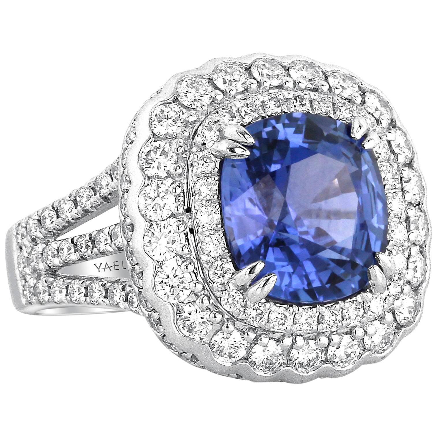 Yael Designs 5.92 carat GRS Cert Cushion Blue Sapphire Diamond Platinum Ring For Sale