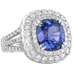 Yael Designs 5.92 carat GRS Cert Cushion Blue Sapphire Diamond Platinum Ring