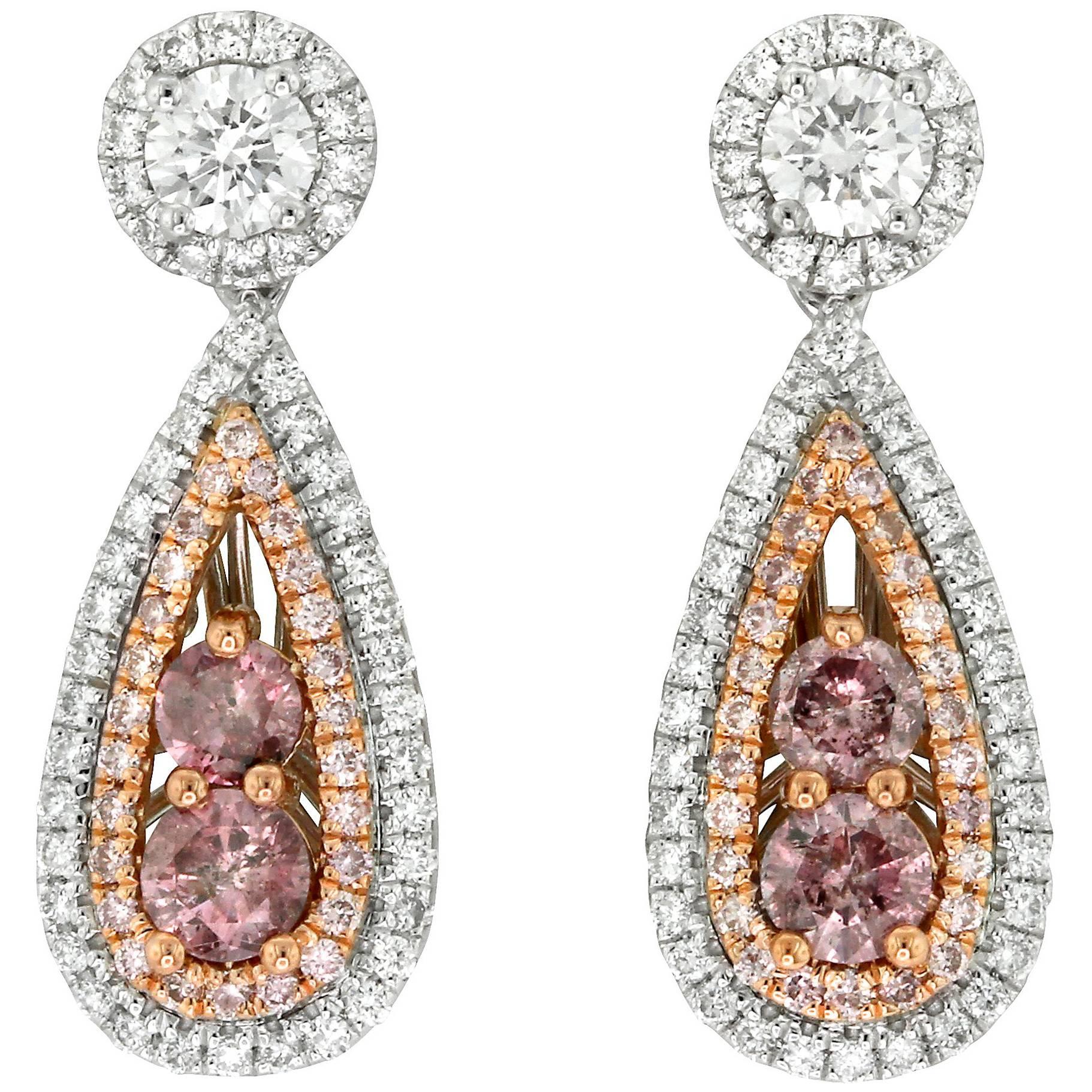 Yael Designs GIA Cert Pink Diamond White Diamond Platinum and 18kt Gold Earrings For Sale