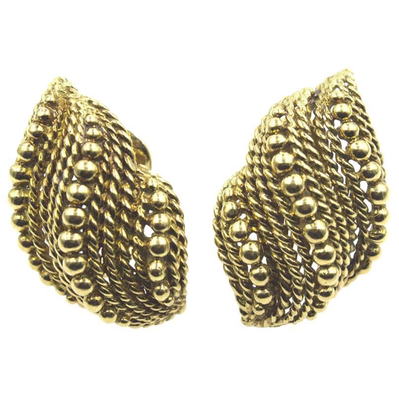 1970s David Webb 18 Karat Yellow Gold Textured Clip Earrings