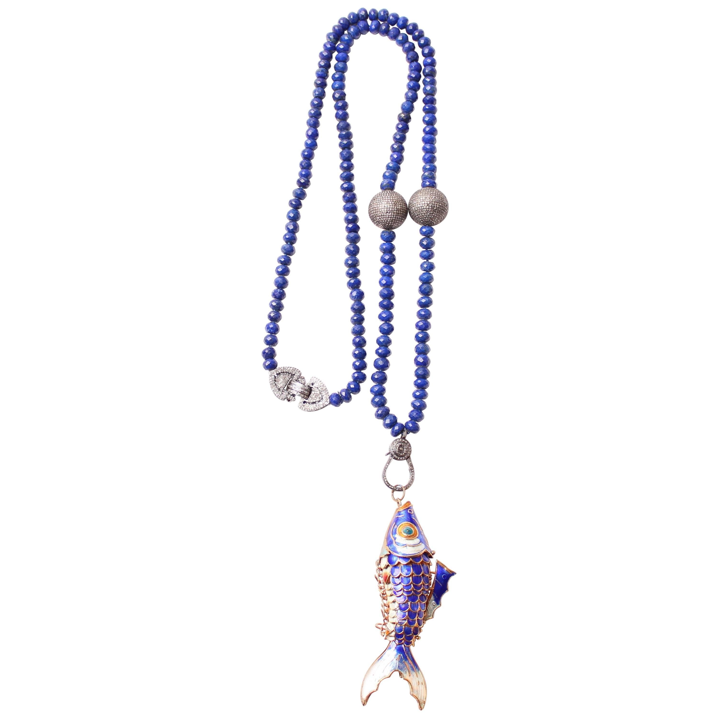 Clarissa Bronfman Lapis and Diamond Fish Pendant Beaded Necklace