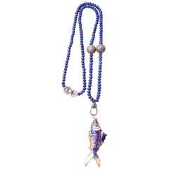 Clarissa Bronfman Lapis and Diamond Fish Pendant Beaded Necklace