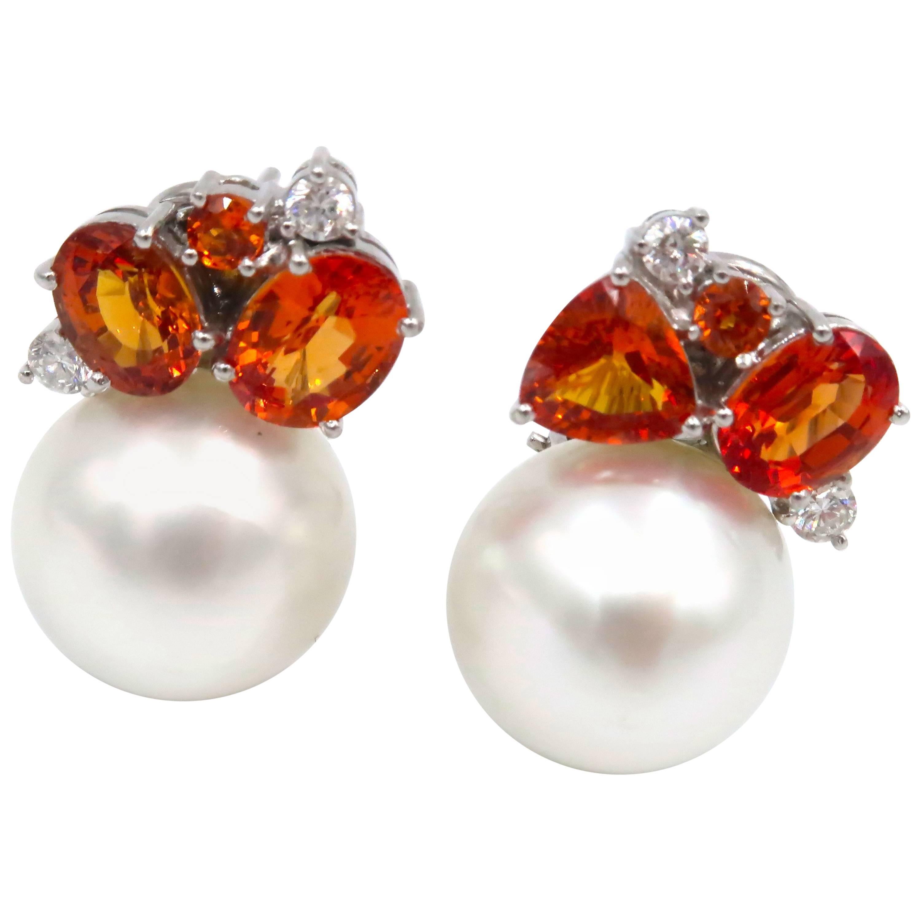 Orange Sapphire Diamond Large White South Sea Pearl Clip Pierced Earrings For Sale
