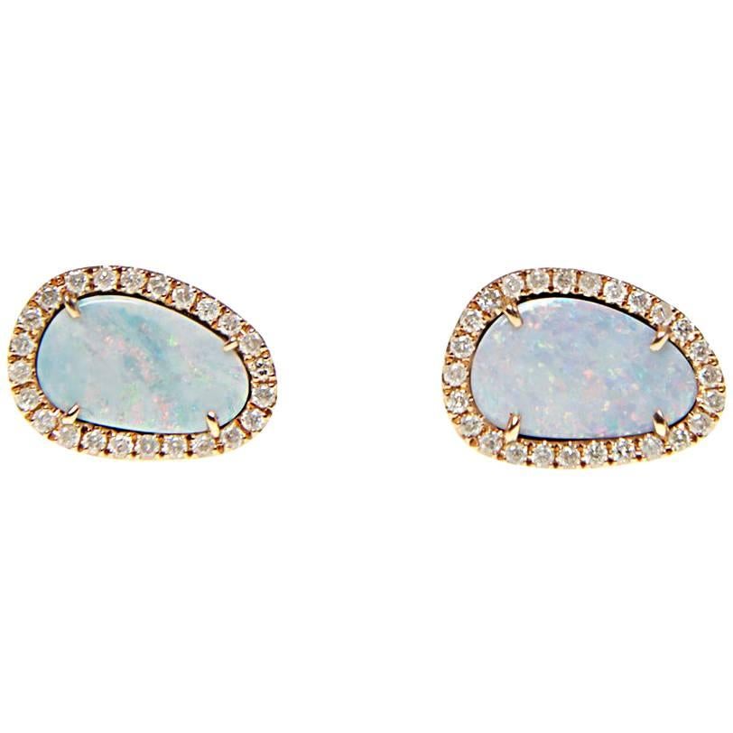 White Opal Slice and Diamond Earrings
