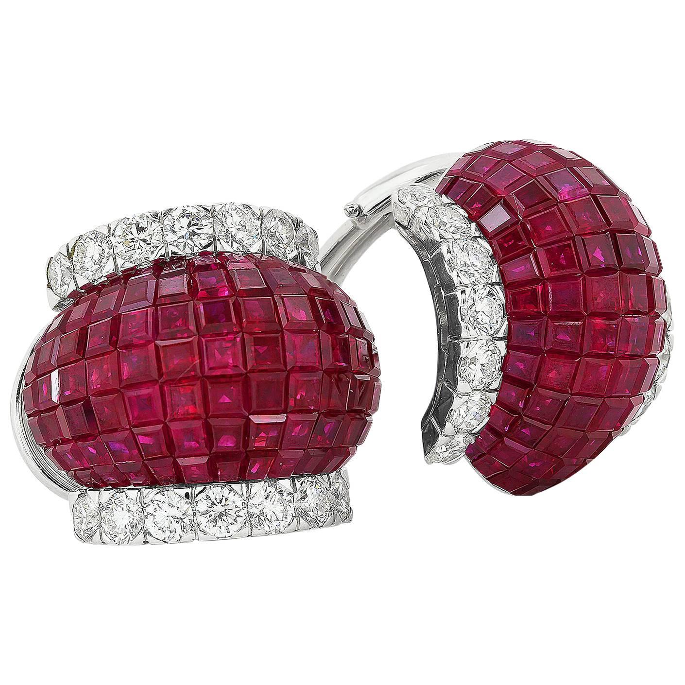 Ruby and Diamond Earrings Invisible Setting For Sale