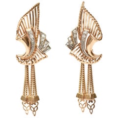 Stunning Pair of Retro 18 Karat Rose Gold and Diamond Dangle Pierced Earrings