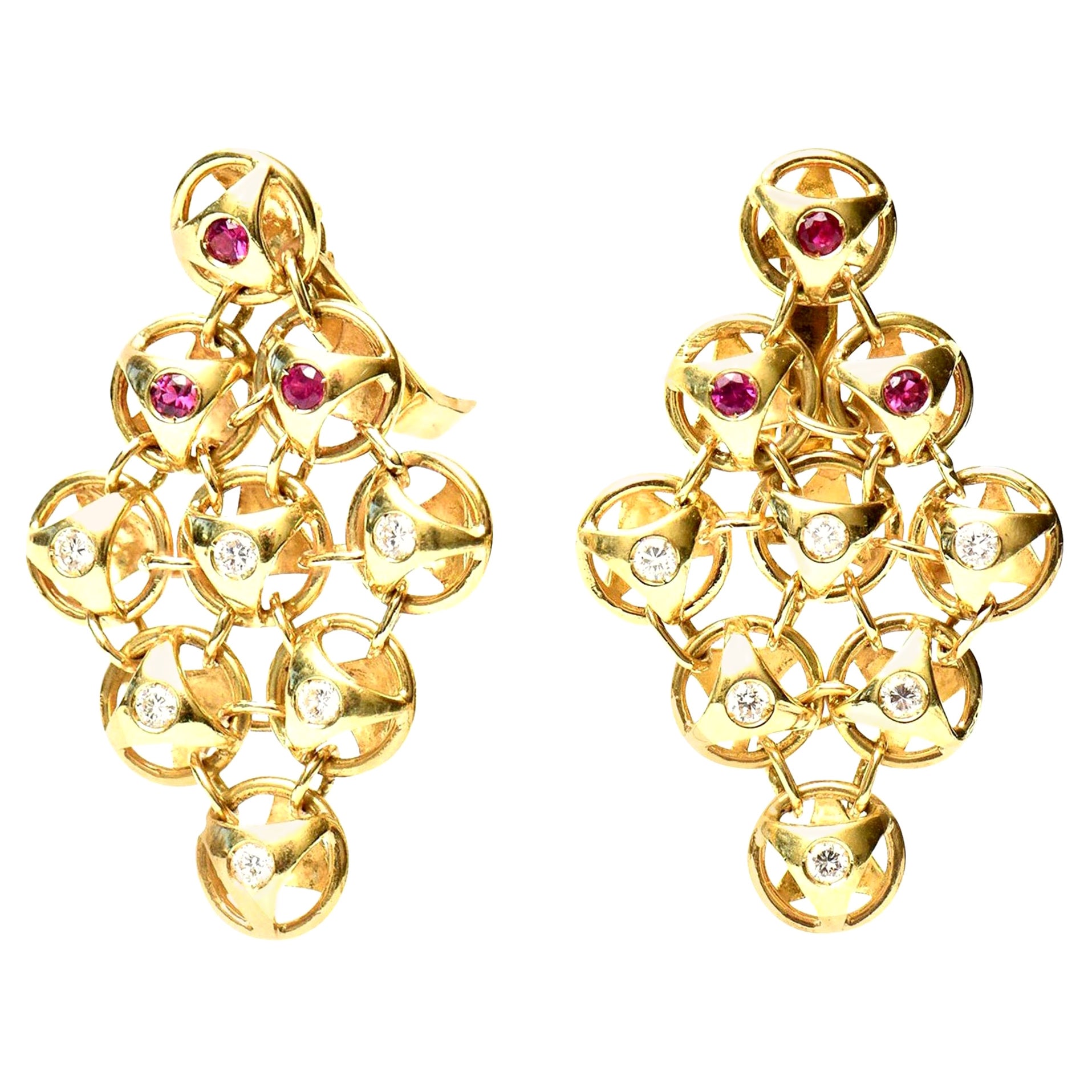 18 Karat Gold, Ruby and Diamond Chandelier Lever Back Pierced Earrings, French For Sale