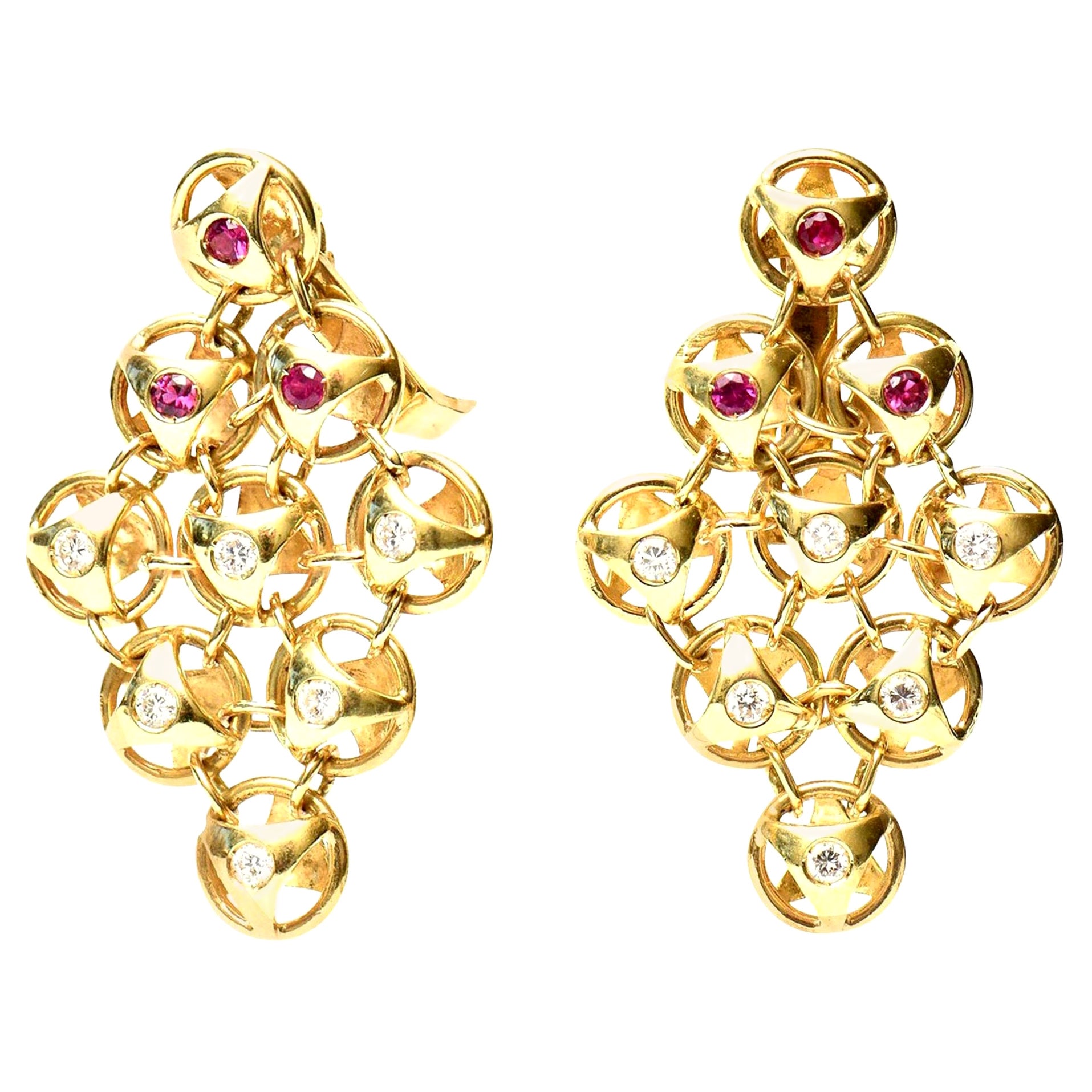 18 Karat Gold, Ruby and Diamond Chandelier Lever Back Pierced Earrings, French