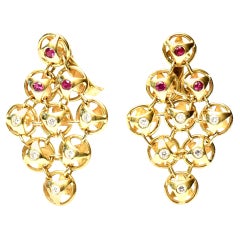 18 Karat Gold, Ruby and Diamond Chandelier Lever Back Pierced Earrings, French