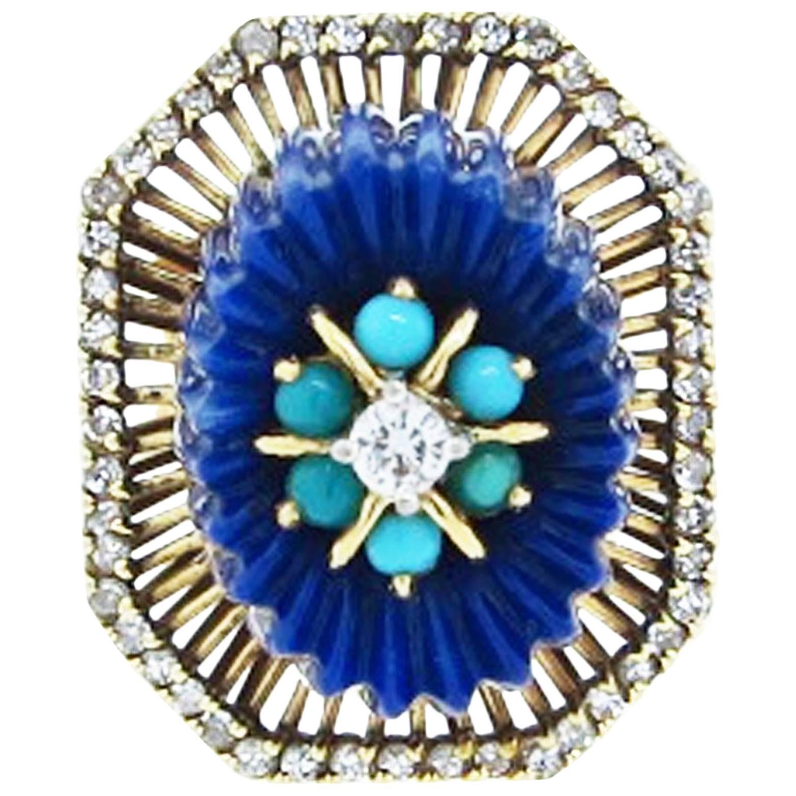 Unique Monumental, 1970s 14 Karat, Lapis Turquoise and Diamond Ring