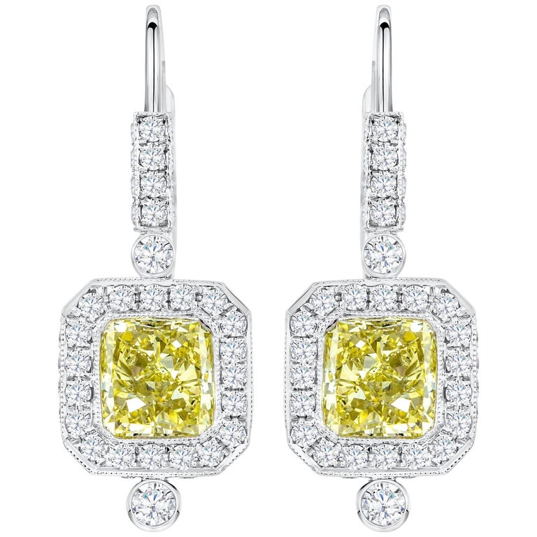 GIA Certified Fancy Yellow Diamond Halo Dangle Earrings For Sale at 1stDibs