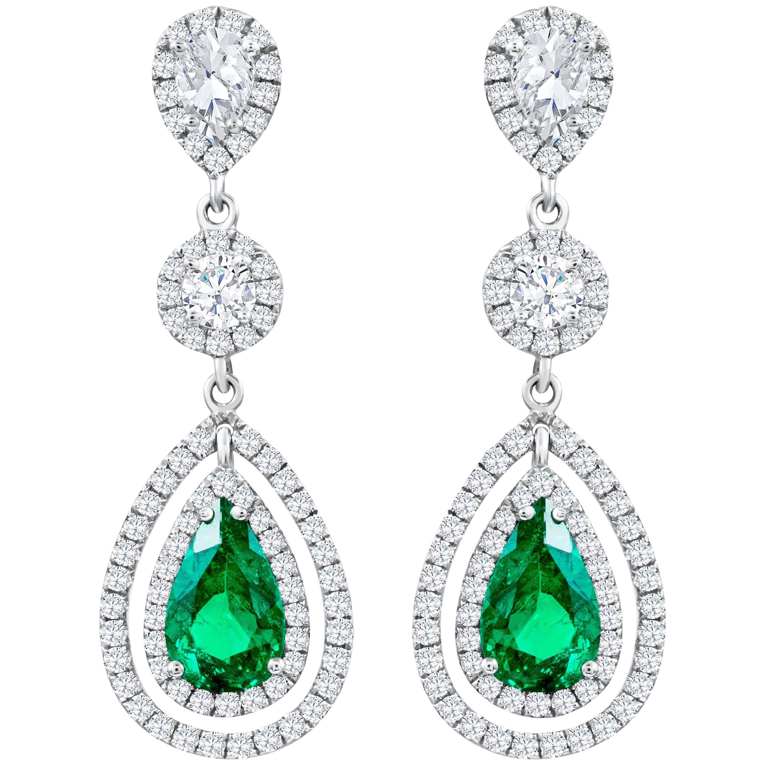 Roman Malakov, Pear Shaped Green Emerald and Diamond Double Halo Dangle Earrings