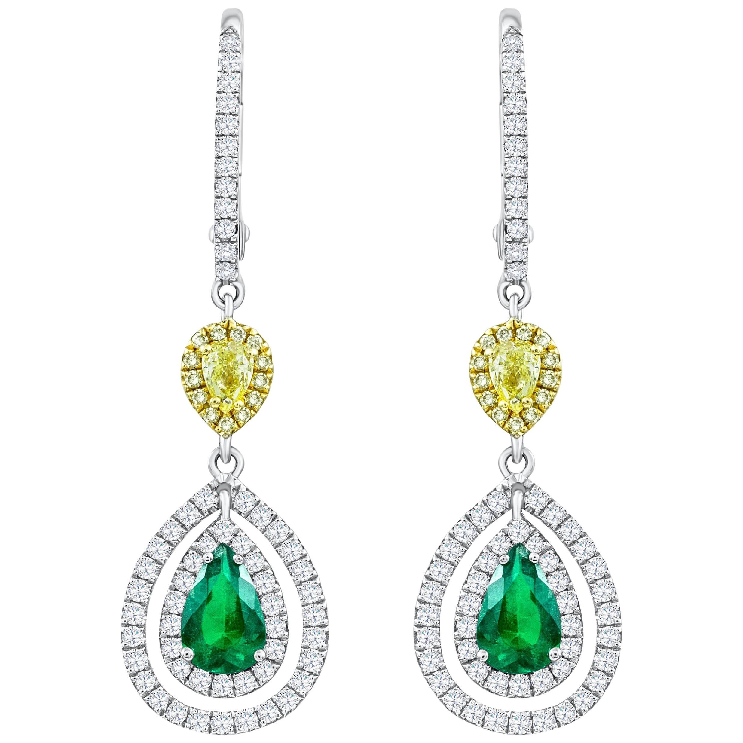 0.69 Carats Total Pear Shape Green Emerald & Yellow Diamond Halo Dangle Earrings For Sale