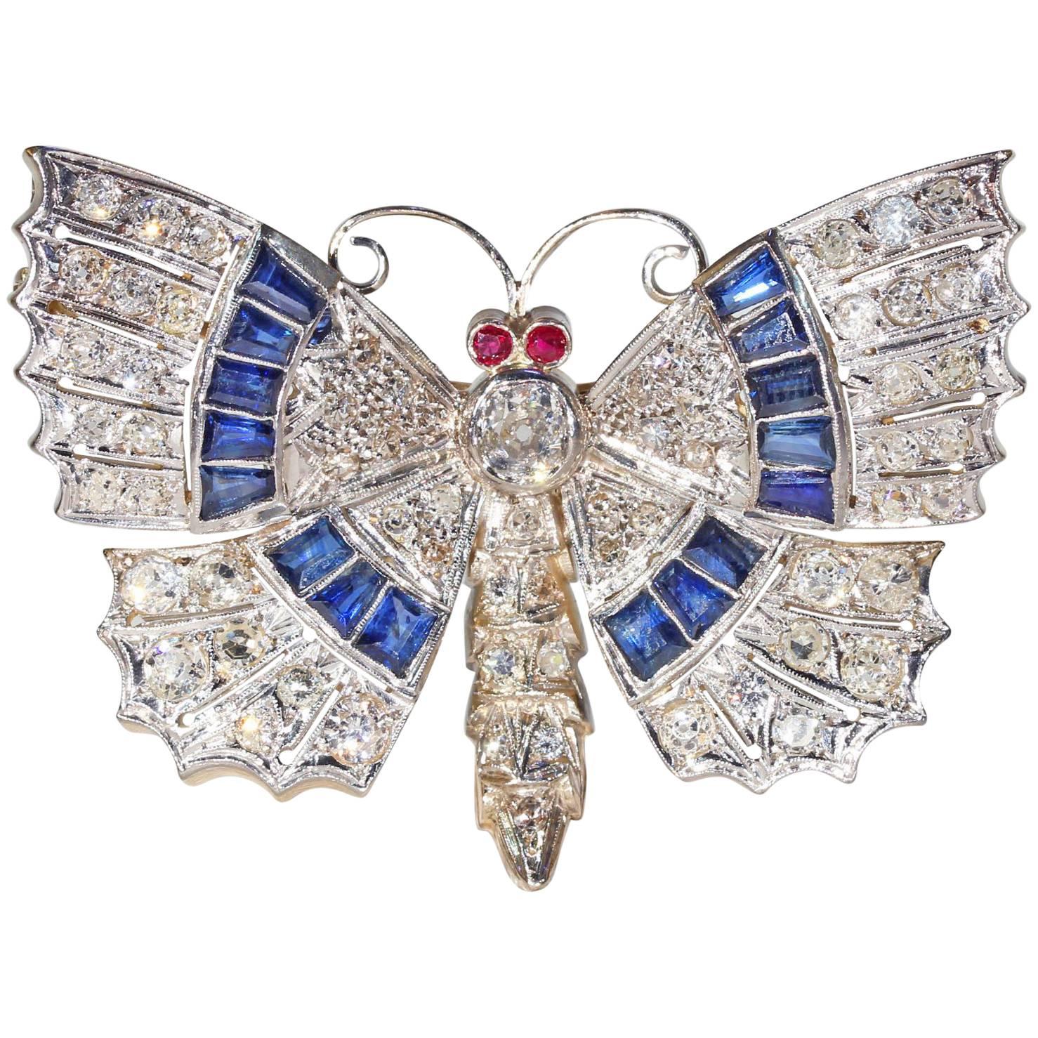 Art Deco Diamond Sapphire Ruby Butterfly Pin Pendant