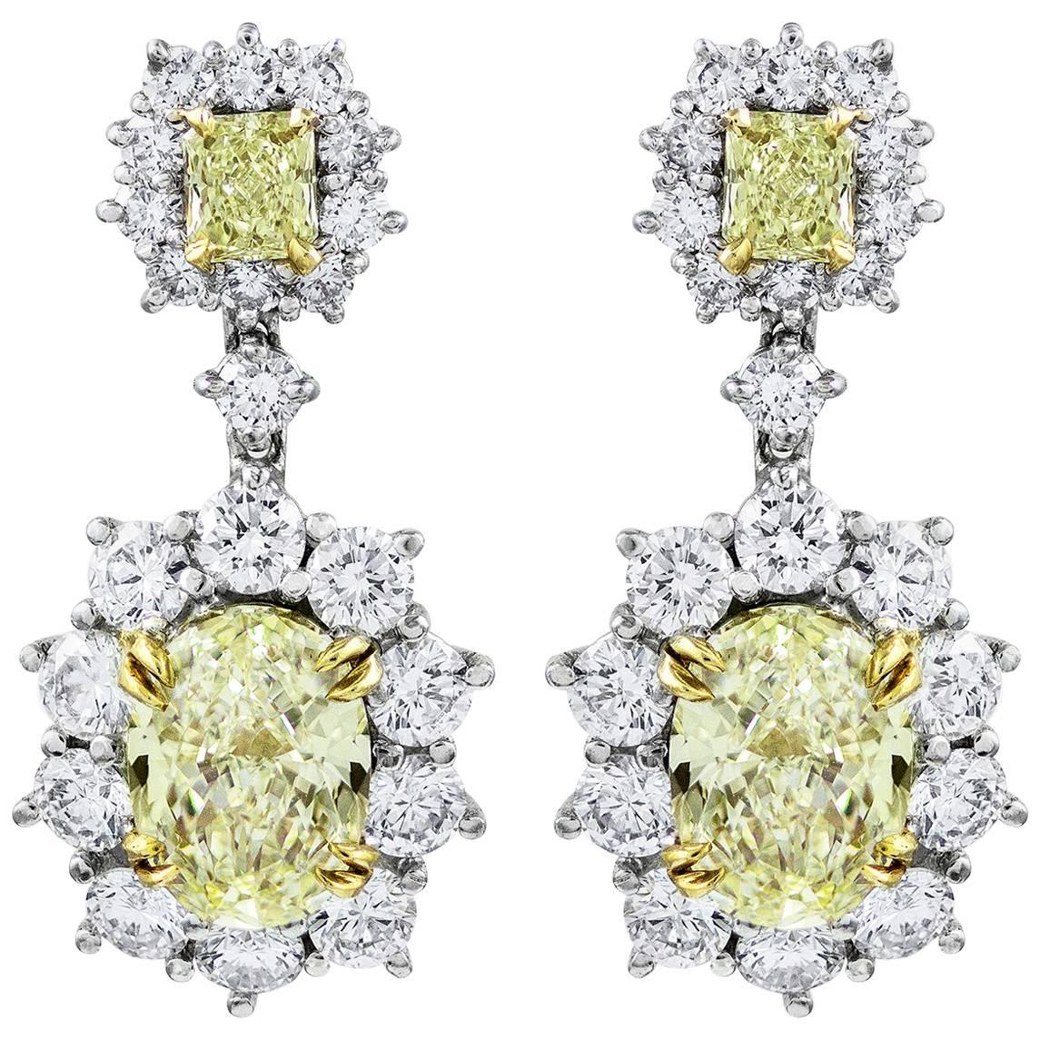 Fancy Yellow Diamond Halo Flower Dangle Earrings