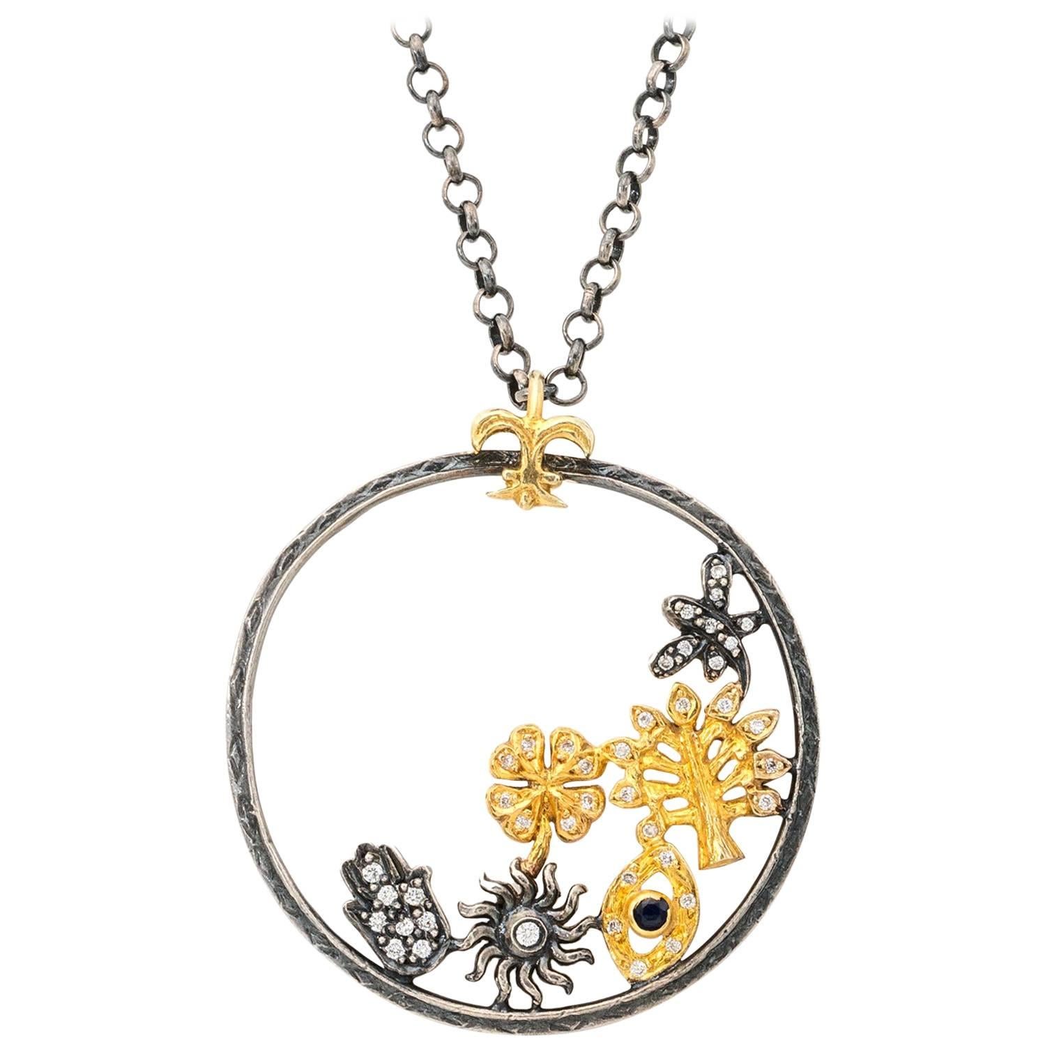 Diamond Gold Disc Pendant Whimsical Sterling OX Chain