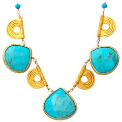 Gold and Turquoise Collar Necklace with Tribal Gold Accents