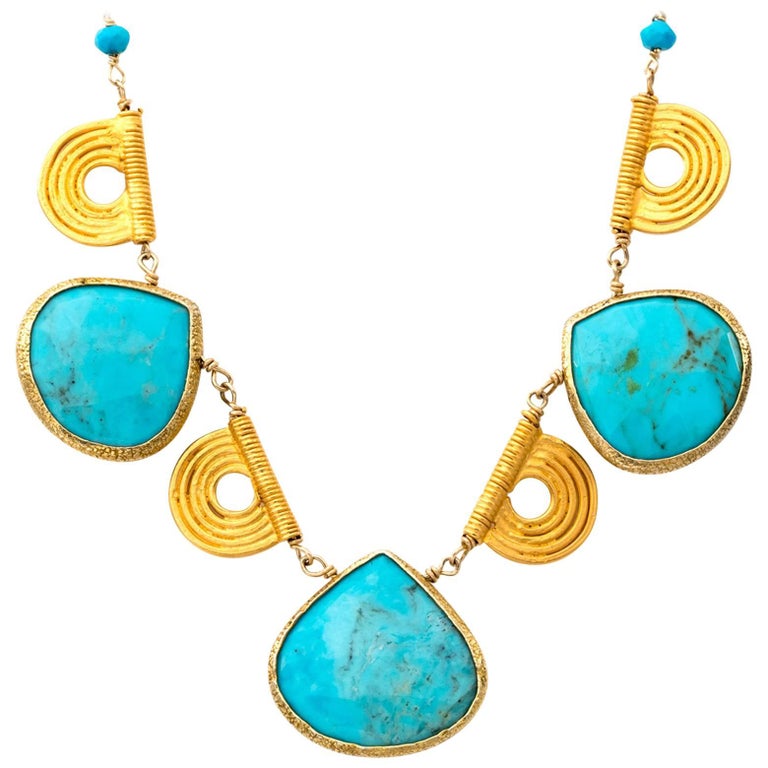 Gold and Turquoise Collar Necklace with Tribal Gold Accents at 1stDibs