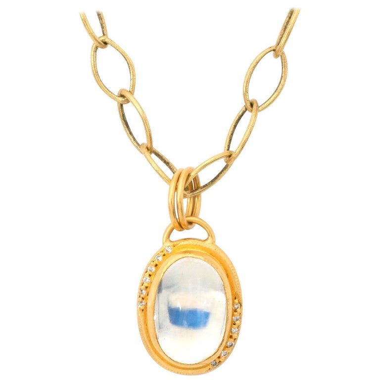 Contemporary Oval Moonstone and Gold Vermeil Pendant with Diamonds For ...